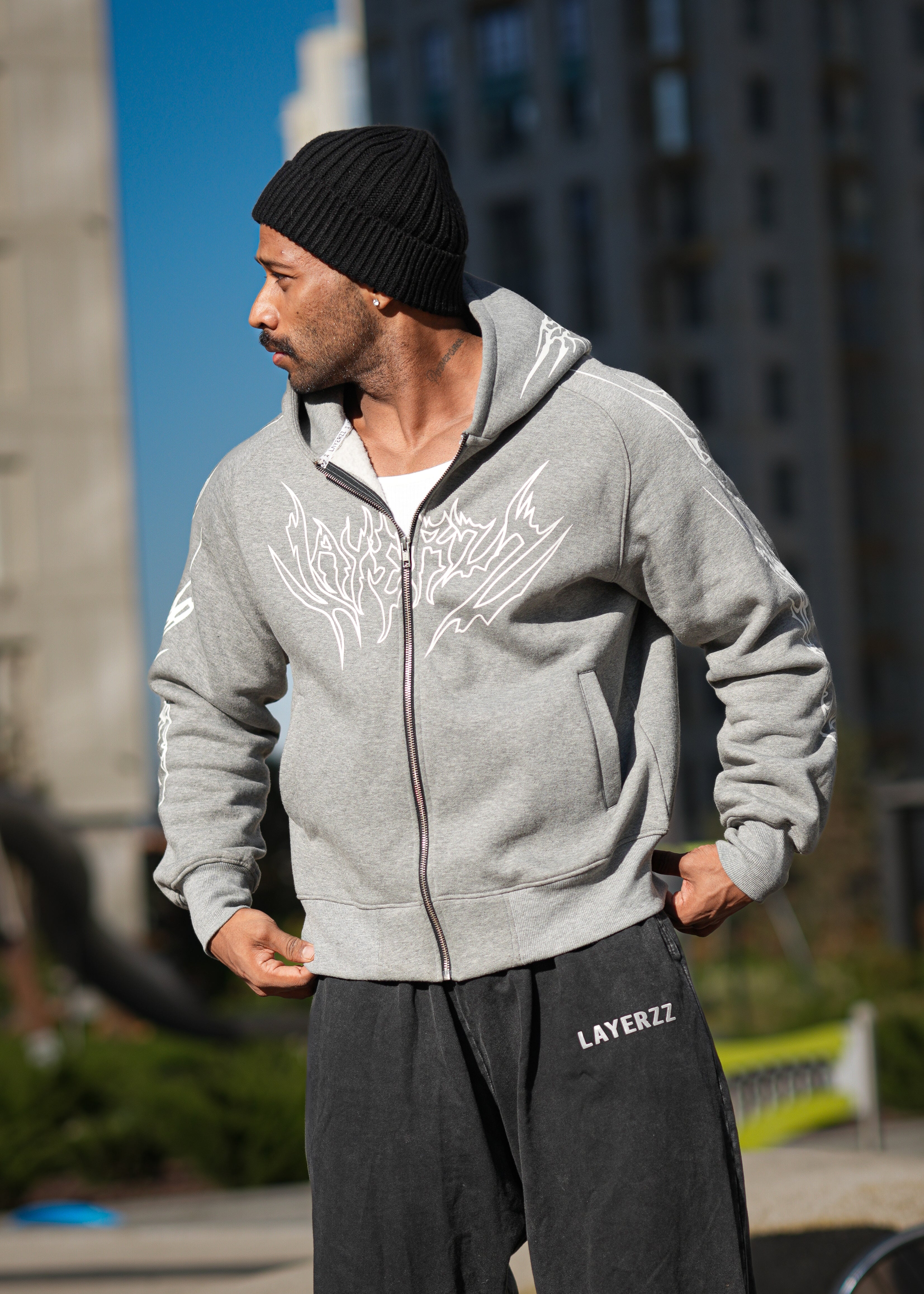 Skull Zip Hoodie  -  Grey