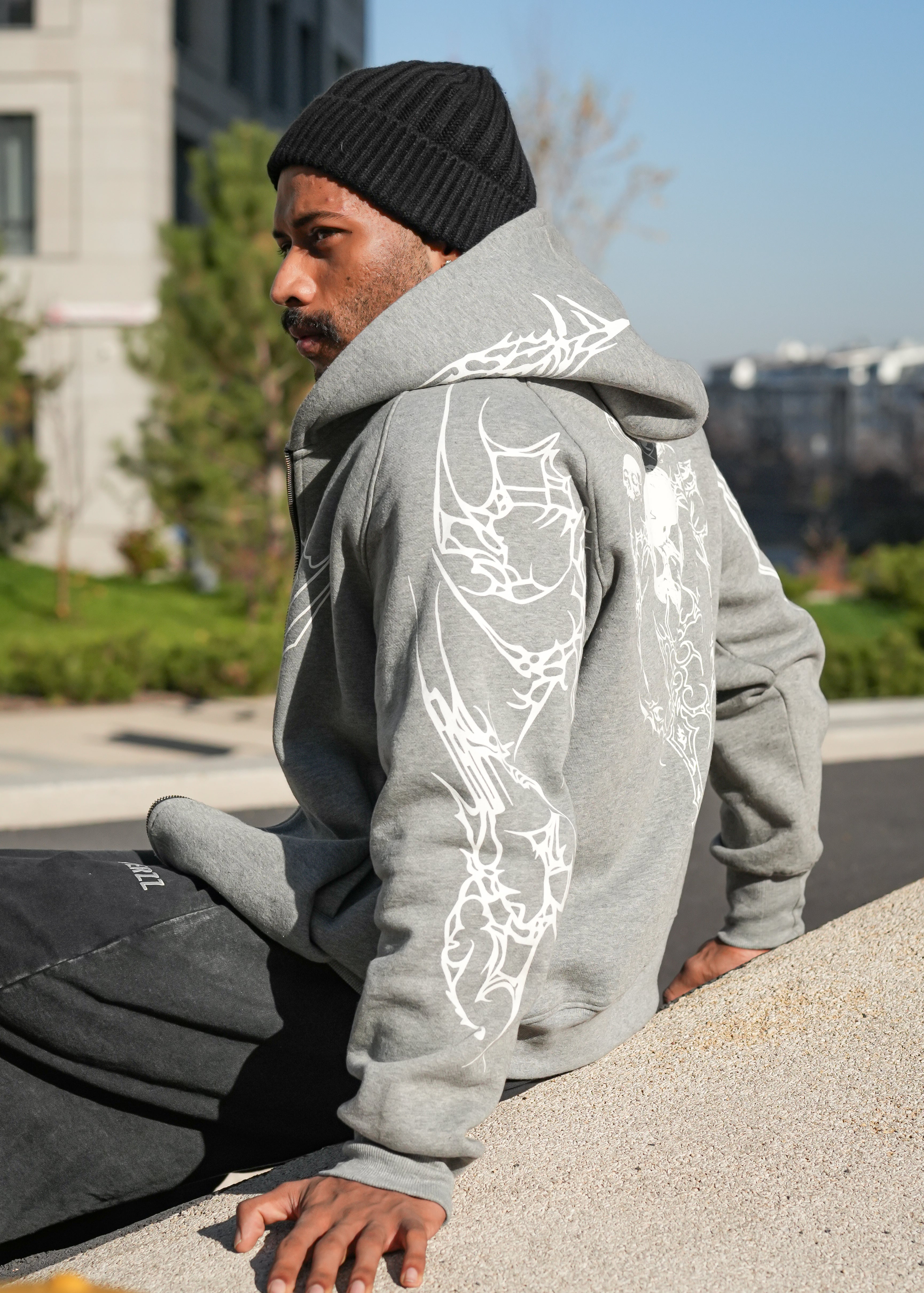Skull Zip Hoodie  -  Grey