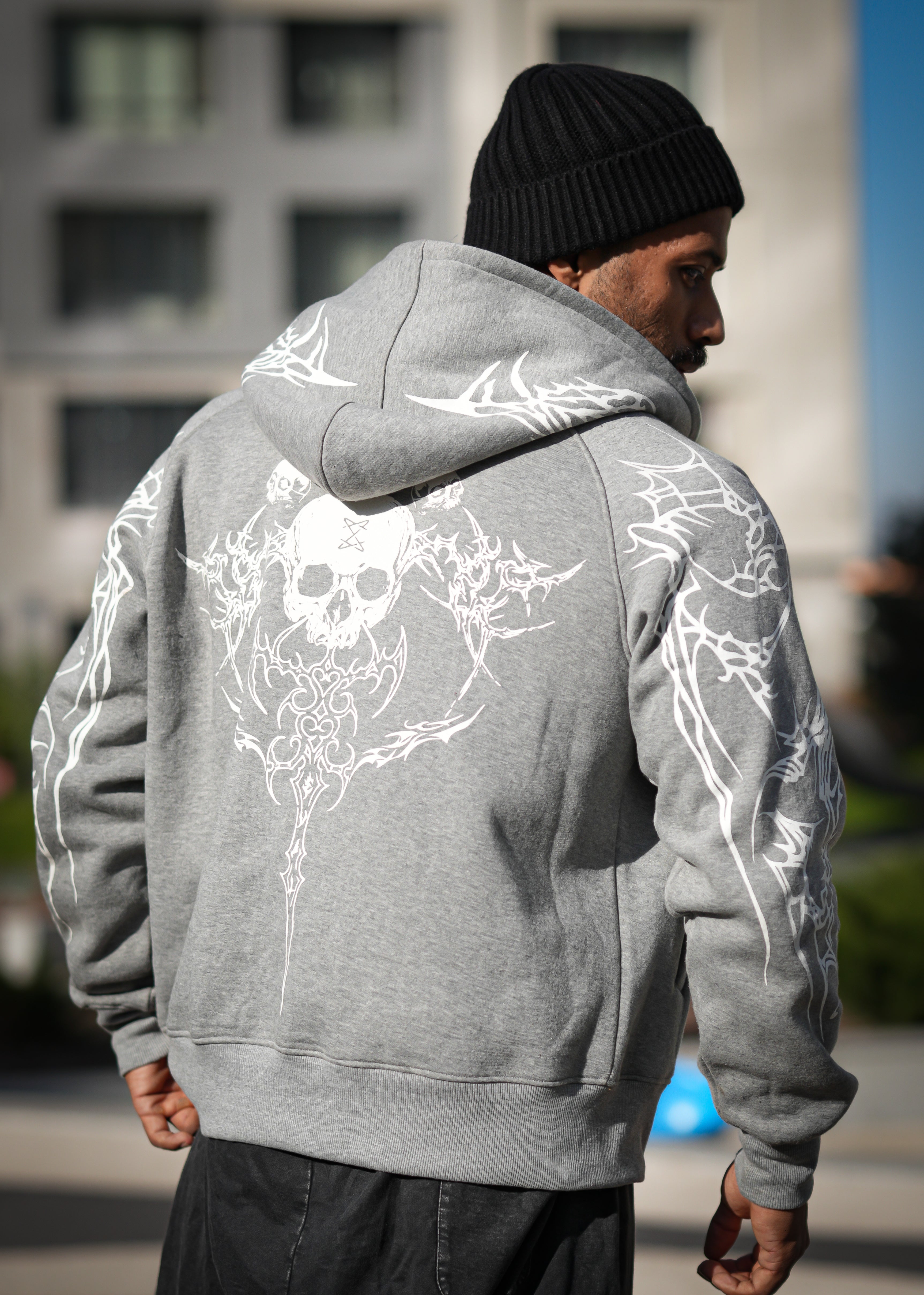 Skull Zip Hoodie  -  Grey