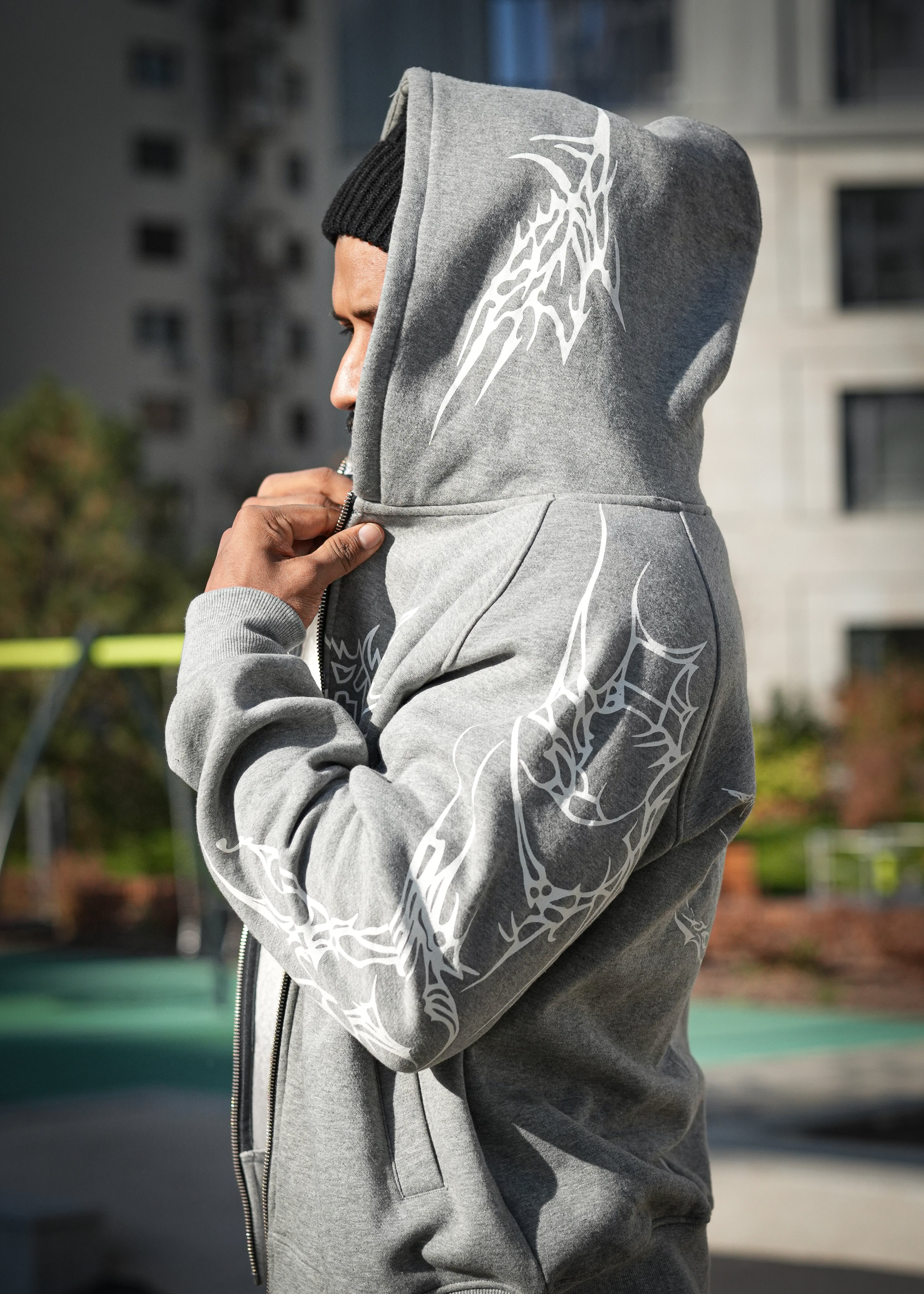 Skull Zip Hoodie  -  Grey