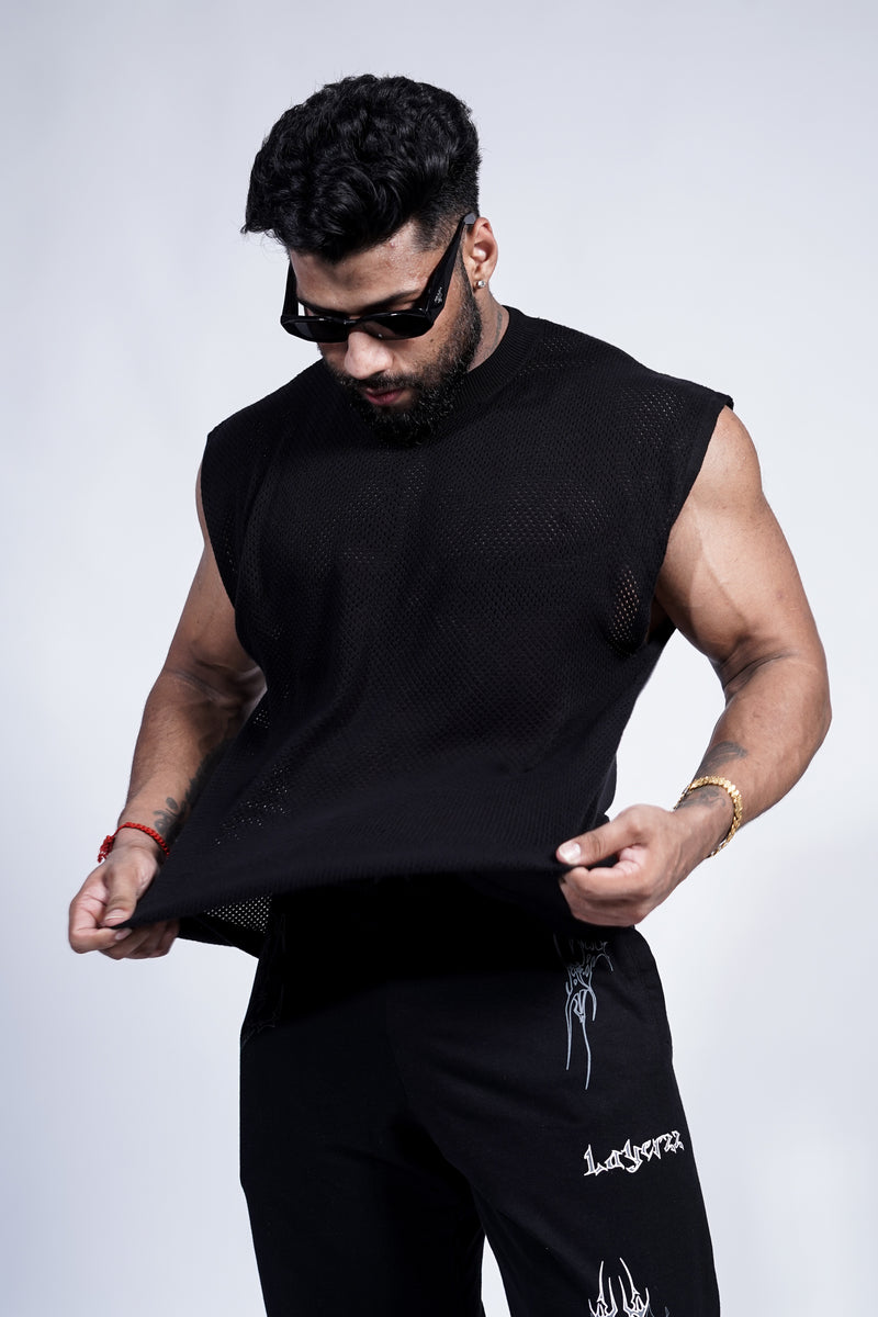 DROP SHOULDER KNIT CUT-OFF - BLACK